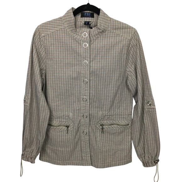 FDJ Fench Dressing Jeans Mock Collar Snap Up Roll Tab Plaid Zip Pocket Jacket S - Picture 1 of 15